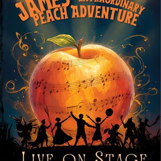 A drawing of a peach covered in musical notes with various dancing silhouettes in front of the fruit.