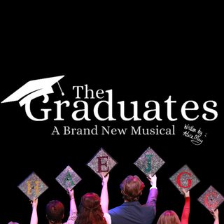 Six performers with their backs to the camera holding up sparkly mortarboard caps.