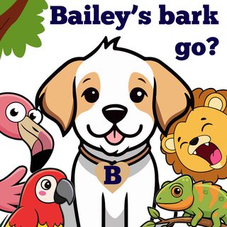 A colourful cartoon of a flamingo, parrot, lion and chameleon gathered around a brown and white puppy wearing a collar with B on the tag.