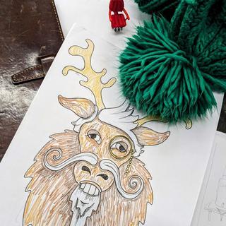 A sketch of a reindeer with a monocle and fabulous handlebar moustache, surrounded by a green wooly hat, minute red chair, leather bound book and smaller reindeer portraits.