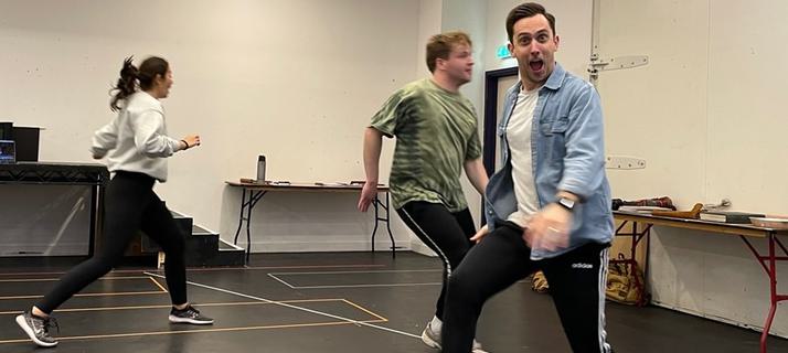 The Three Billy goats run around the stage in rehearsals