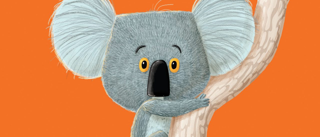An illustration of an adorable little grey koala with an oversized head and huge ears, looking straight ahead with wide eyes, clinging onto a tree. The background is a joyful bright orange and a couple of green leaves hang down from the top of the image.