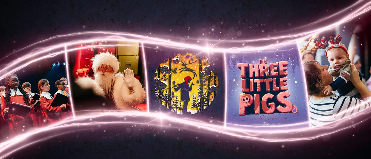 Images of Christmas Concerts choir, Santa waving, A Boy Called Christmas illustration, The Three Little pigs title treatment and a baby wearing a reindeer headband incased in purple lights and sparkles.