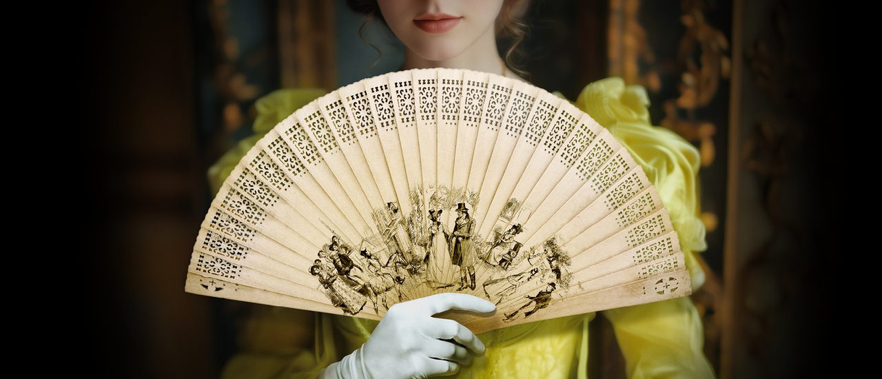 A young woman is pictured from the mouth down, with a few blonde curls hanging down and a neutral expression. She wears a pale green silk dress and white gloves. She is holding a beige fan with black ink illustrations