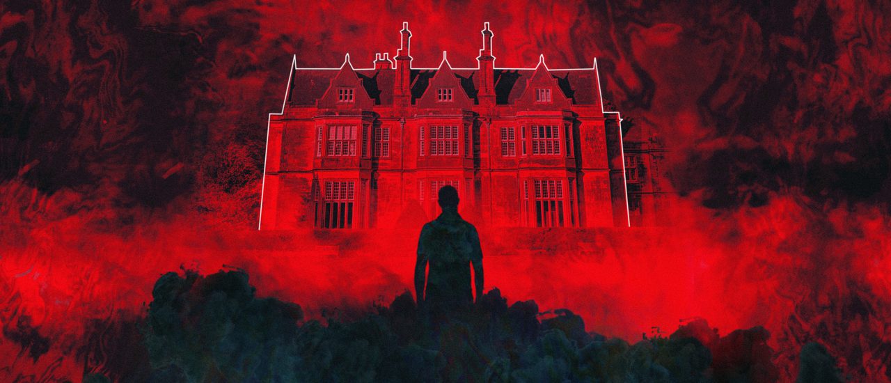 A graphic illustration shows a large, bold, red mansion with a white outline, surrounded by plumes of red smoke. In the foreground is the silhouette of a person, rising out of an ominous, dark, smoky shadow.