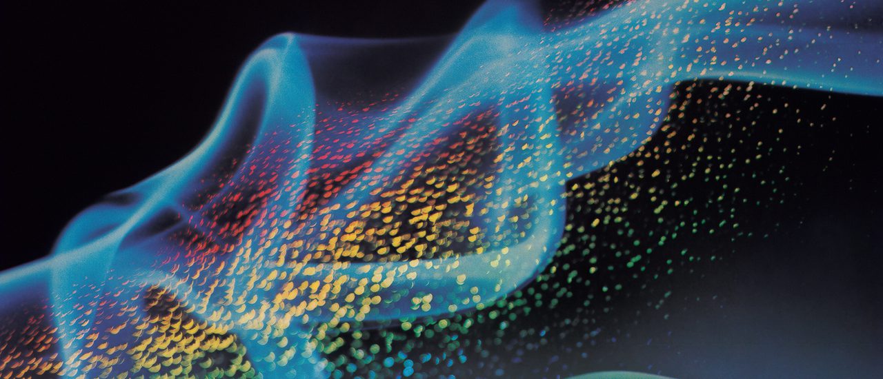 A colourful graphic of wavey patterns and lighting effects against a black background.