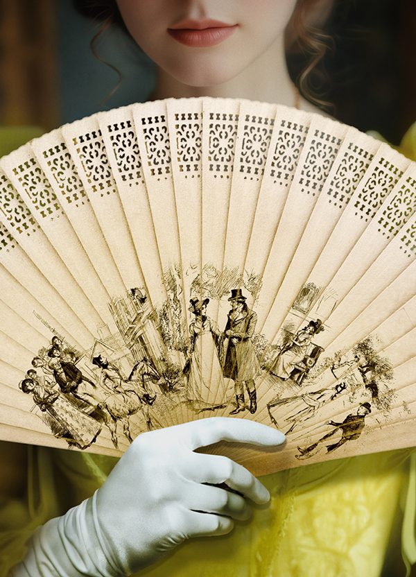 A young woman is pictured from the mouth down, with a few blonde curls hanging down and a neutral expression. She wears a pale green silk dress and white gloves. She is holding a beige fan with black ink illustrations
