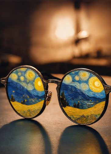 Round lensed glasses sit on a table with Vincent van Gough's starry night in the lenses.