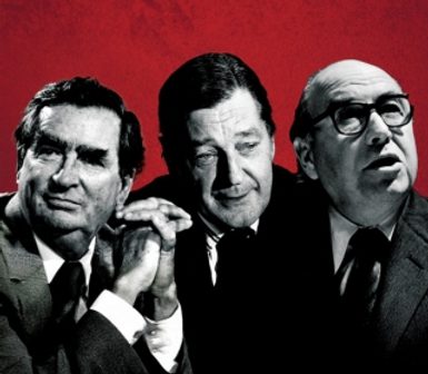 Black and white images of Roy Jenkins, Denis Healey and Tony Crosland on a red backgorund.