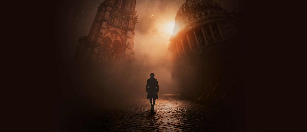 A man in a Victorian frock coat, seen from behind, walks through driving rain across a cobbled street. On either side of him loom one of the towers of Notre Dame, Paris, and St Paul's Cathedral. An orange sun illuminates the atmospheric, ominous scene through the rain.