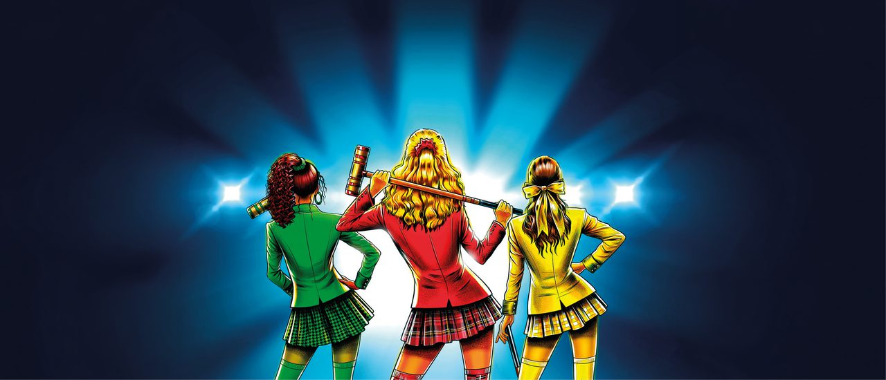 A cartoon drawing of three teenage girls facing away from the camera with spotlights shining on them. They all wear blazers, tartan mini skirts, and knee high socks in their signature colours. On the left, she wears all green, with her brown curly hair in a high ponytail tied with a scrunchie. In the middle, she wears all red, with her blonde wavy hair half up tied with a scrunchie. On the right, she is in all yellow, with her long brown hair is tied back with an oversized bow. They are all posed dynamically with their hips swung to the right and all holding croquet mallets.