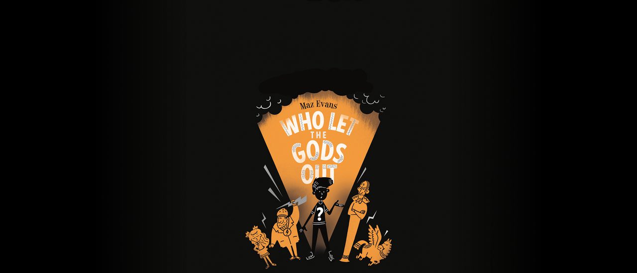 A cartoon illustration of a young boy surrounded by Ancient Gods. There is a young woman with leaves in her hair, an older man with a thick beard holding a lightening bolt, a tall, stern man and a flying horse. The whole graphic is orange and black; the boy stands in an orange spotlight against a black background with black clouds around the top.