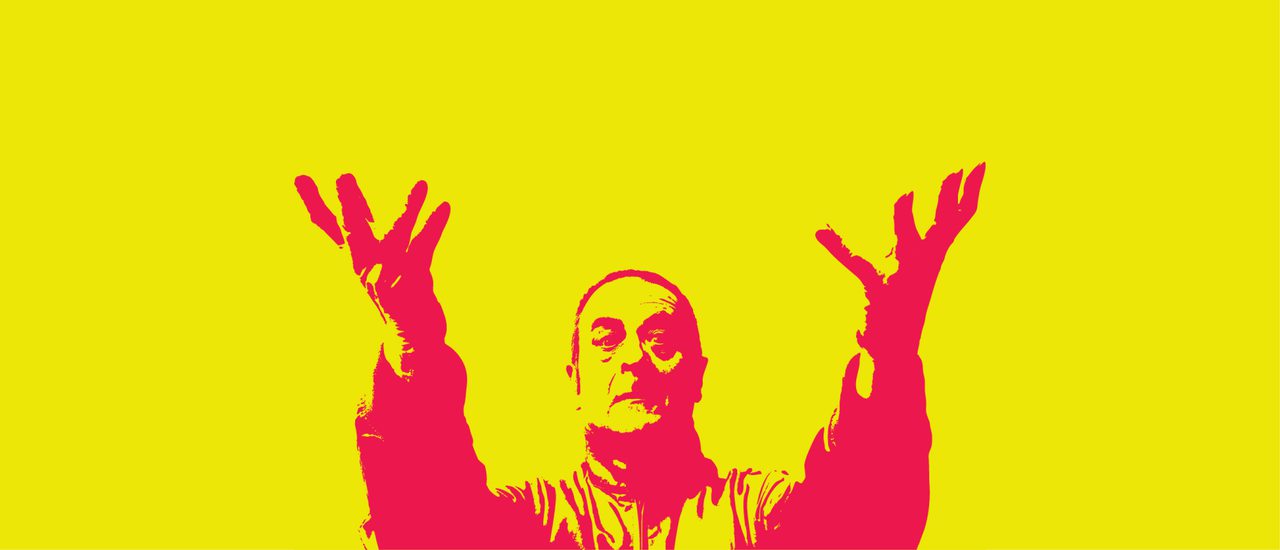 A photo of comedian Mark Thomas with a duo-tone, pop art-style, yellow and pink effect. He holds both arms up and has a serious facial expression.
