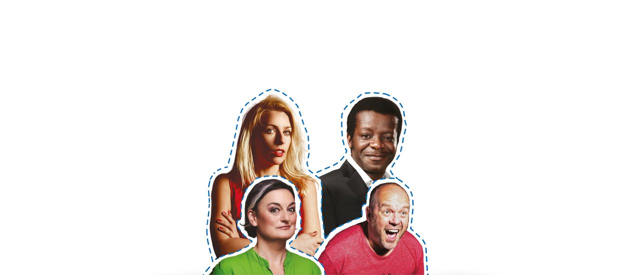Four comedians (Sara Pascoe, Stephen K Amos, Zoe Lyons and James Alderton) cut out on a white background. They have blue stitching around each of them.