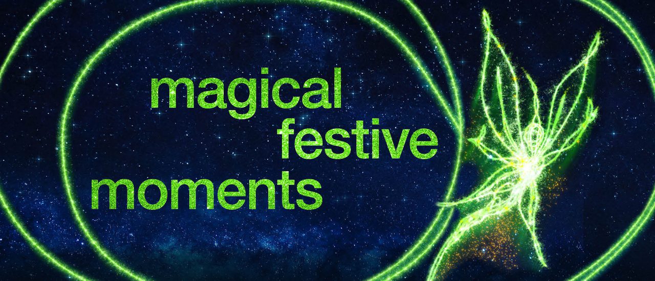 In the background is a starry nightsky, with the flight path of a fairy twinkling in spirals. The Green fairy is posing at the front of the image. Sparkly green text reads Magical Festive Moments.