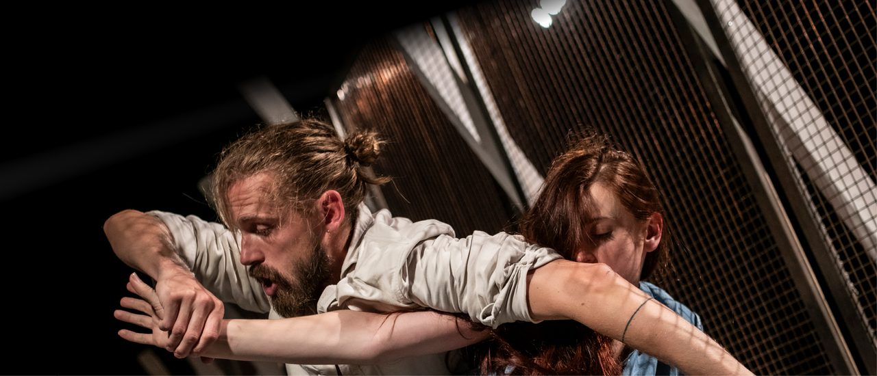 A man and woman entwined in a dance pose. The bearded man's hair is tied back and he wears a white jacket with rolled up sleeves. The woman has long brown hair; her face is partially obscured by the man's arm and she wears a sleeveless blue shirt. Behind them is a wire mesh structure.