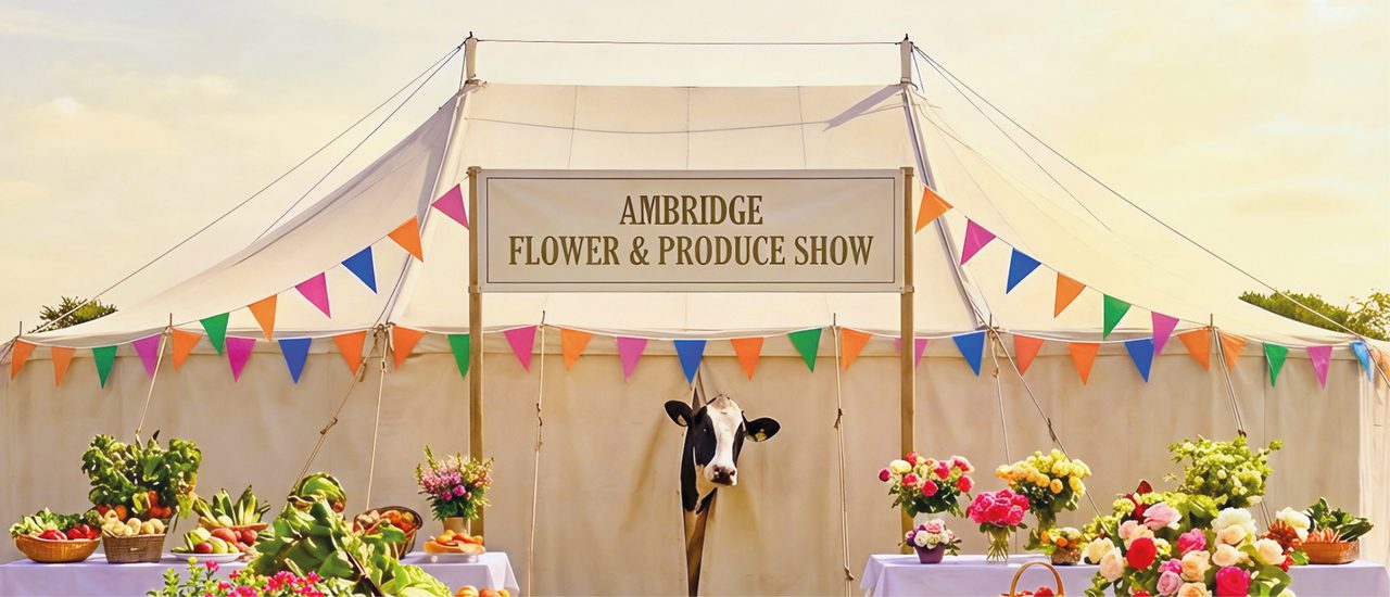 A cow peers out from inside a marquee, with a sign that reads: 'Ambridge Flower & Produce Show' and colourful bunting. On the grass in front are wooden tables with white tablecloths and an abundence of cut flowers and vegetables.