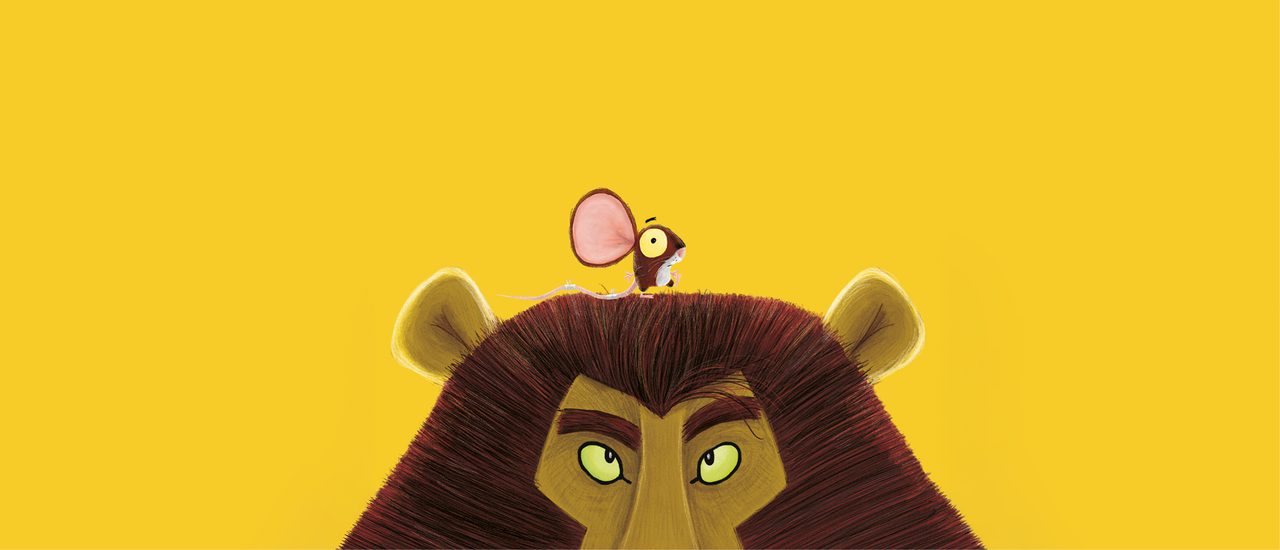 A stylised illustration of the top half of a lion's head with a dark brown head. His yellow eyes look up to a small brown mouse, with very large pink ears, standing on top of his head.