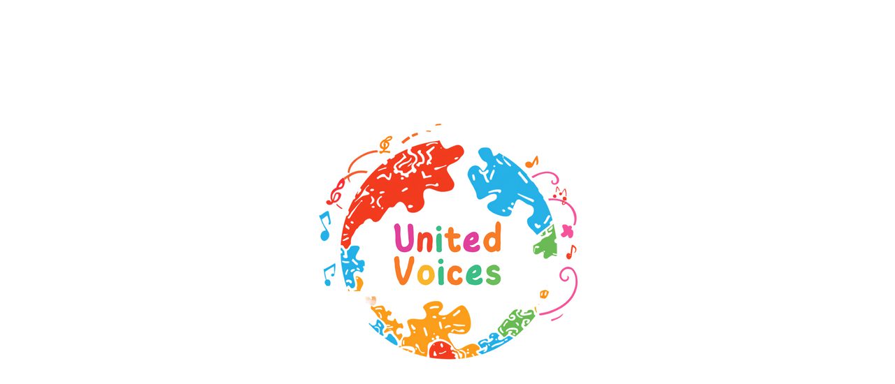 A colourful abstract graphic illustration representing a globe around the word 'United Voices'.