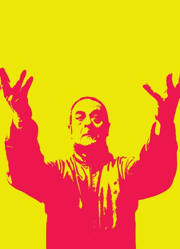 A photo of comedian Mark Thomas with a duo-tone, pop art-style, yellow and pink effect. He holds both arms up and has a serious facial expression.