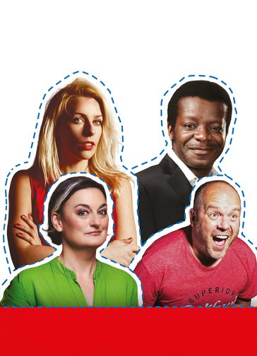 Four comedians (Sara Pascoe, Stephen K Amos, Zoe Lyons and James Alderton) cut out on a white background. They have blue stitching around each of them. The is a red band at the bottom of the image.