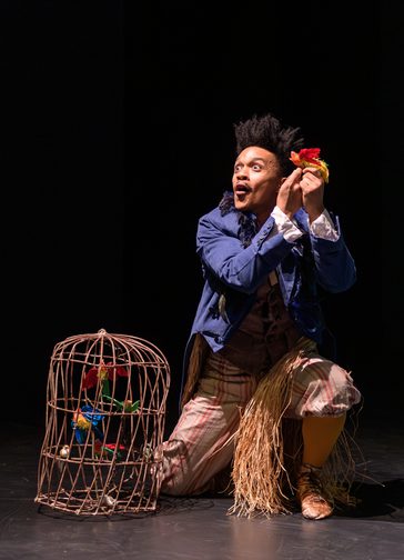 A man kneels on the floor against a dark background. He has one knee up, and wearing striped trousers that cut off at the knee, leather slipper-shoes and blue coat-tails. He has a straw belt hanging down on the ground. He is holding a colourful fake bird up by his face and is looking off with wide eyes and mouth open, in wonder. Next to him, a wicker bird cage is full of five more of the same colourful birds.