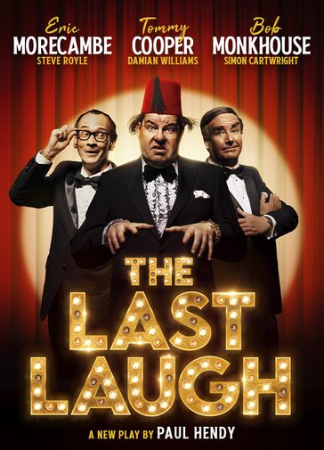Three men stand together in front of a red curtain, lit with a golden spotlight. They all wear black tie. The man on the left wears glasses with thick black frames, which he holds up to his face with two fingers. He looks off to one side with a cheeky smile. The man in the centre wears a red fez and holds both hands out in front of him, eyes wide. The man on the right crosses his arms over his chest and raises one eyebrow with a slight smile.