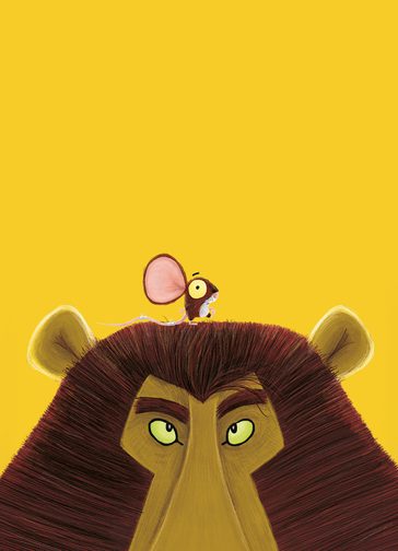 A stylised illustration of the top half of a lion's head with a dark brown head. His yellow eyes look up to a small brown mouse, with very large pink ears, standing on top of his head.