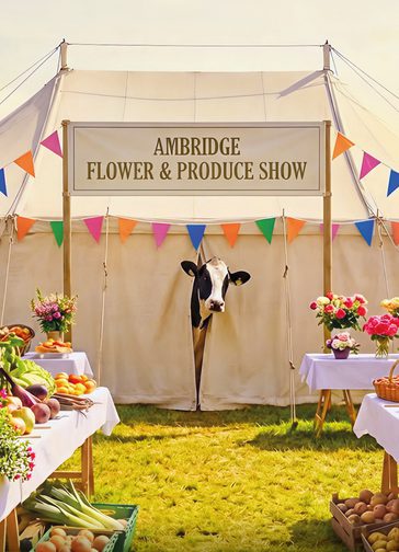 A cow peers out from inside a marquee, with a sign that reads: 'Ambridge Flower & Produce Show' and colourful bunting. On the grass in front are wooden tables with white tablecloths and an abundence of cut flowers and vegetables.