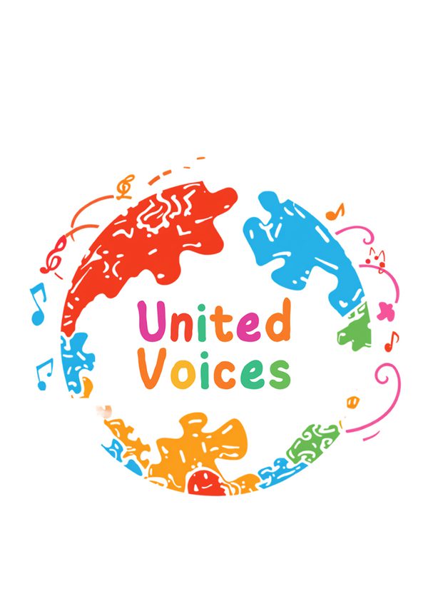 A colourful abstract graphic illustration representing a globe around the word 'United Voices'.