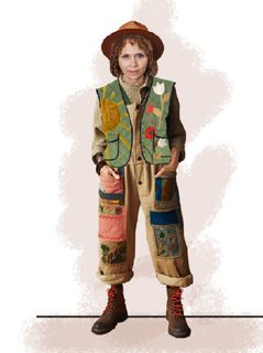 A illustration of a woman in a patchwork costume - green jacket and brown hat and dungarees with embroidered flowers on.