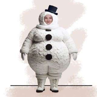 A illustration of a snow woman in a white patchwork costume with a black hat and buttons.