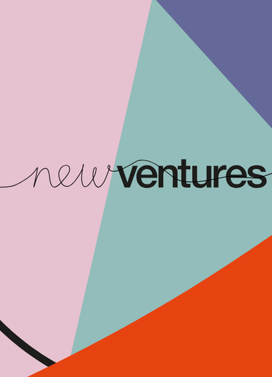 Graphic patterns in pink, green, orange and purple with New Ventures in a handwritten font