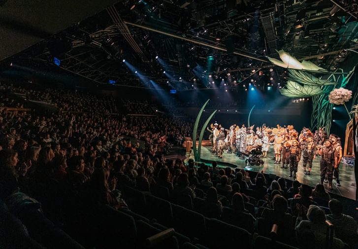 A photo from the side of the stage looking out over a full audience, applauding. The youth theatre company of Wind in the Willows are taking their bows on a colourfully lit stage.
