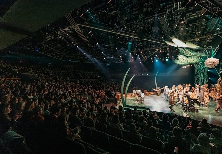 A shot of the audience from stage left side of the auditorium, they are watching a play on the stage.