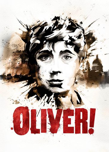 An image of a young boy's face painted in brown and black ink and paint, with visible splotches and brush strokes. He is looking straight ahead with an innocent expression, with his hair is swept to the side. In the background is a London skyline including St Paul's Cathedral. Below the image are bold, red capital letters reading 'Oliver!'