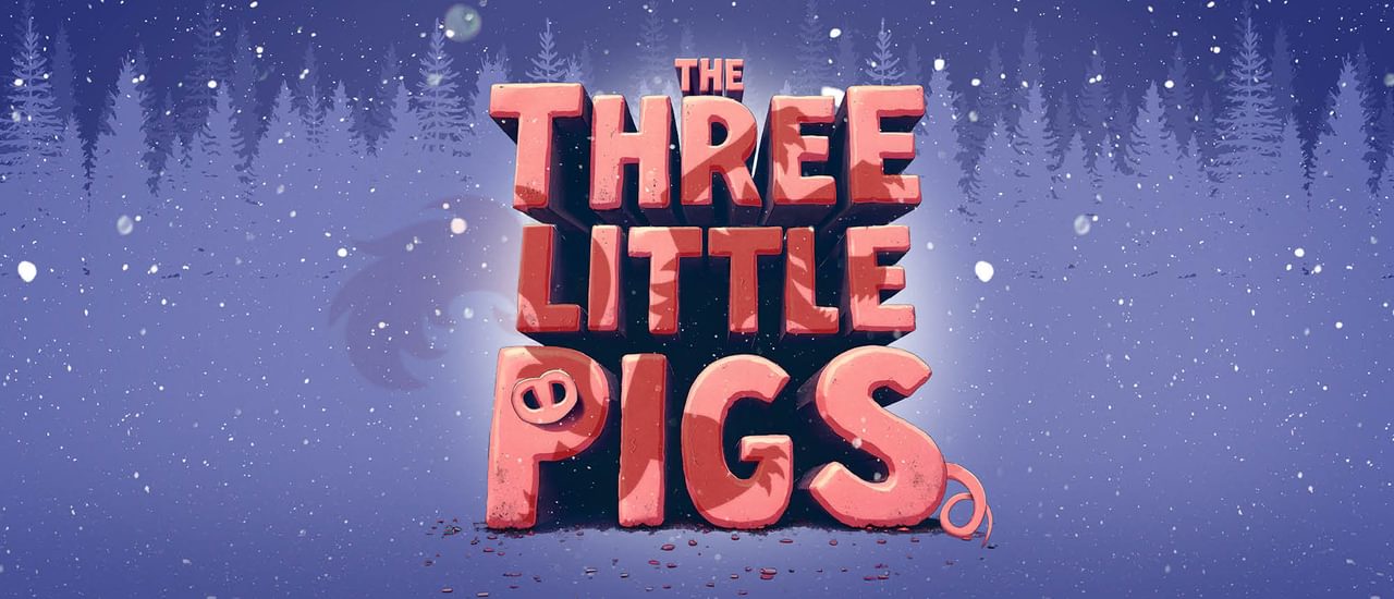 A snowy forest background. In the middle is big pink bubble writing that reads The Three Little Pigs. There's a pig snout in the P and a curly wurly tail on the S. The Big Bad Wolf is casting a shadow over the letters.