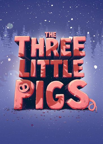 A snowy forest background. In the middle is big pink bubble writing that reads The Three Little Pigs. There's a pig snout in the P and a curly wurly tail on the S. The Big Bad Wolf is casting a shadow over the letters.