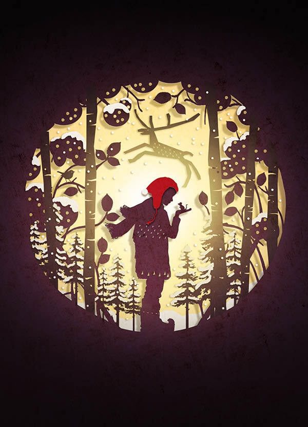 A circular cut-out silhouette, like an old-fashioned fairy story image, shows a boy wearing a red cap, a scarf, coat and boots, holding up his hand on which is perched a mouse. He stands surrounded by snow-laden pine trees, and a reindeer is leaping above his head.