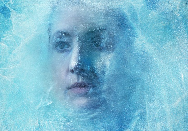 A woman frozen behind a sheet of ice - her hair is pulled out of her face to show her expression, also frozen in time.
