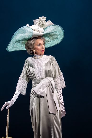 An older woman in an elegant dress, silk gloves and a big fascinator has a shocked expression on her face. She is leaning on a parasol.