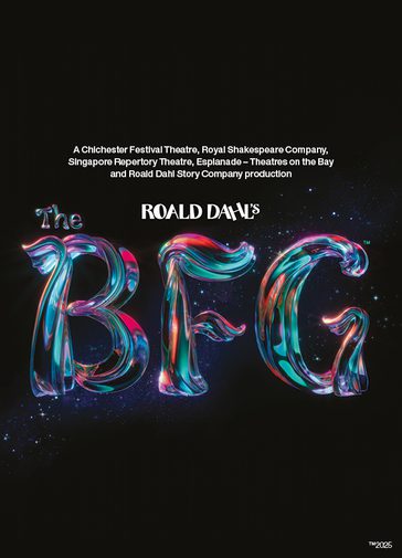 Against a black background, text reads 'Roald Dahl's The BFG'. 'Roald Dahl' is in white, with 'The BFG' in a magical, shimmering type with pink, purple, orange and teal glowing and blending throughout. The texture of the text is like a tree trunk or branch.