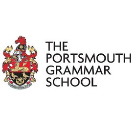 A detailed red and gold coat of arms to the left of text reading THE PORTSMOUTH GRAMMAR SCHOOL