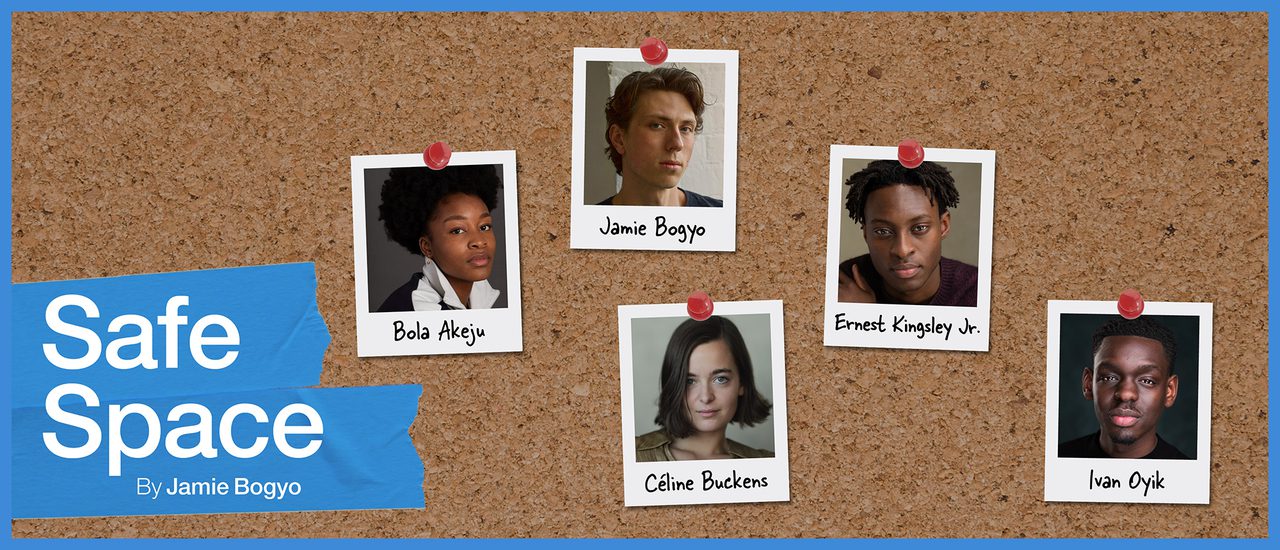 The headshots of the cast of Safe Space appear as polaroids pinned to a corkboard, as if in a student's dorm. There is a blue banner and blue tape with the words Safe Space written in.