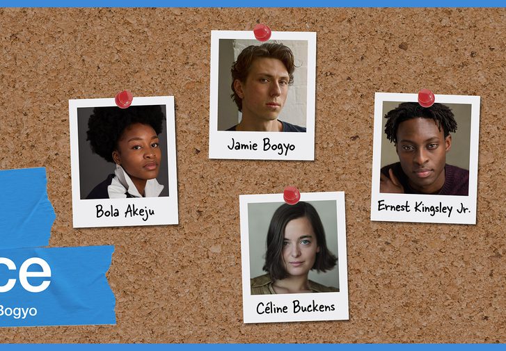 The headshots of the cast of Safe Space appear as polaroids pinned to a corkboard, as if in a student's dorm. There is a blue banner and blue tape with the words Safe Space written in.
