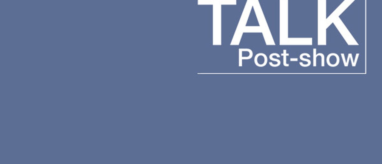 Blue block with post -show talk logo in white type