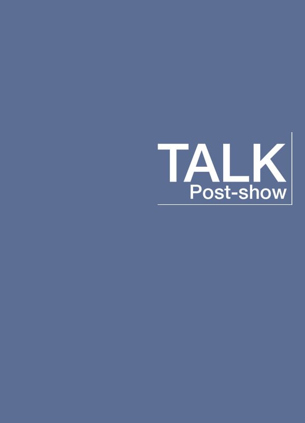 Blue block with post -show talk logo in white type