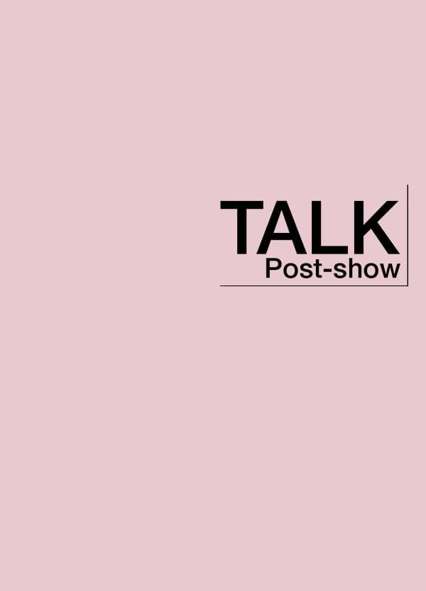 Pink block with Post-show Talk logo in black type