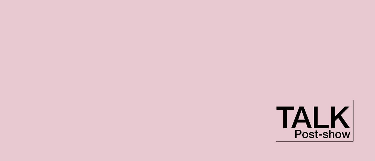 Pink block with Post-show Talk logo in black type