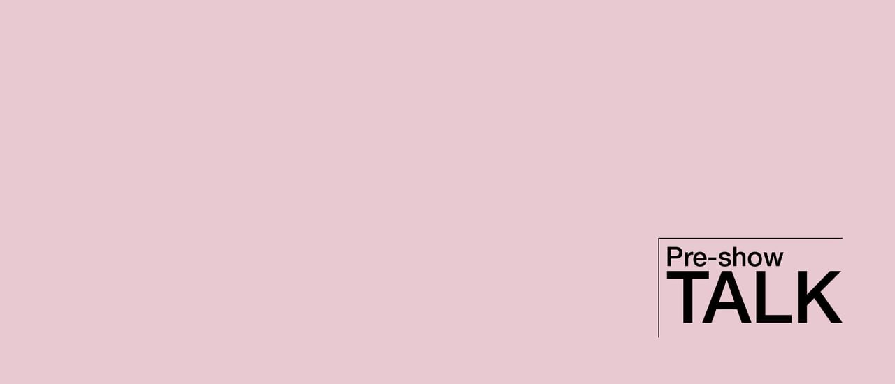 Pink block with Pre-show Talk logo in black type